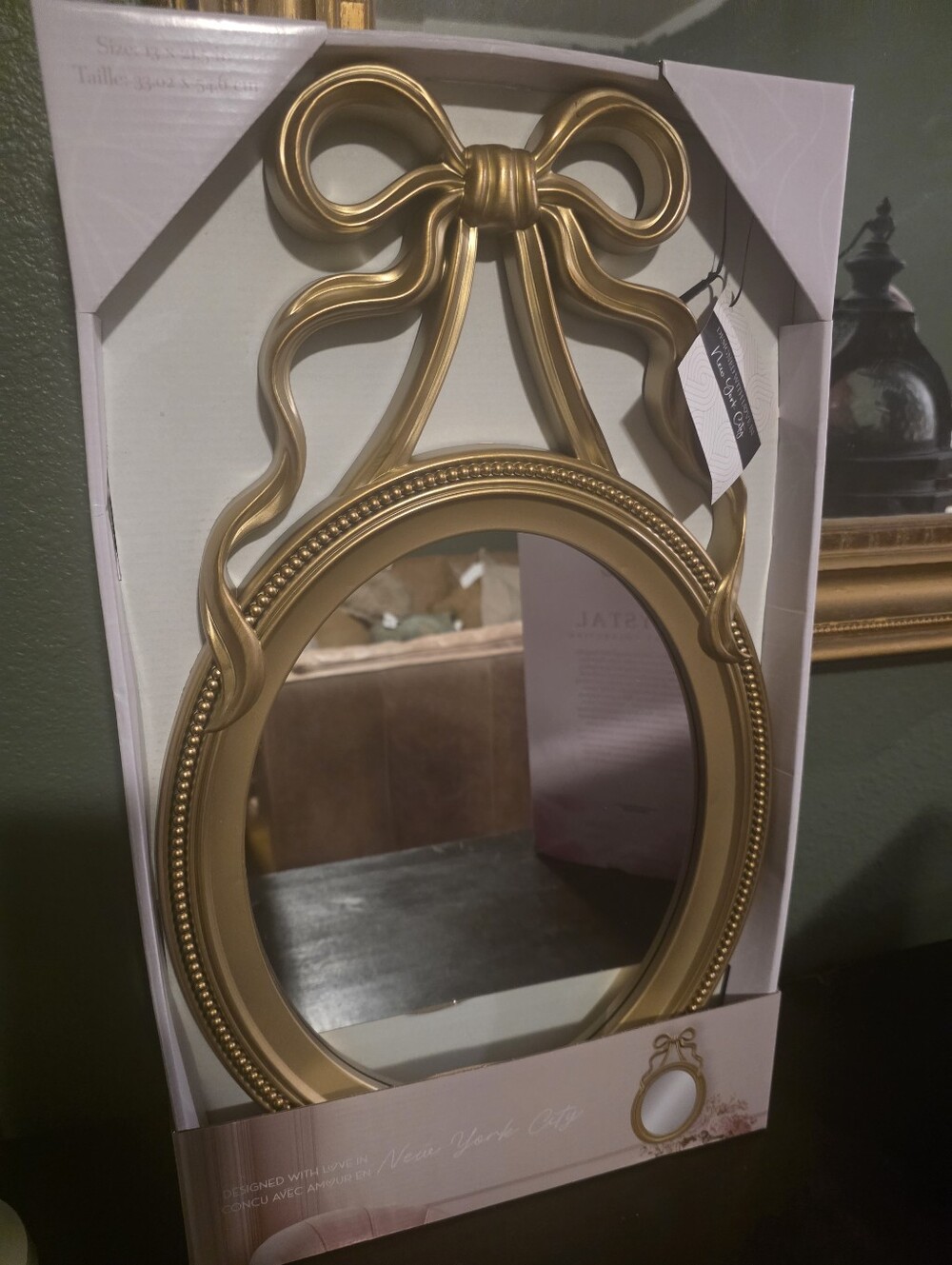 Gold Ribbon Bow Oval Wall Mirror - Elegant Home Wall Decor 13x21.5 Inches